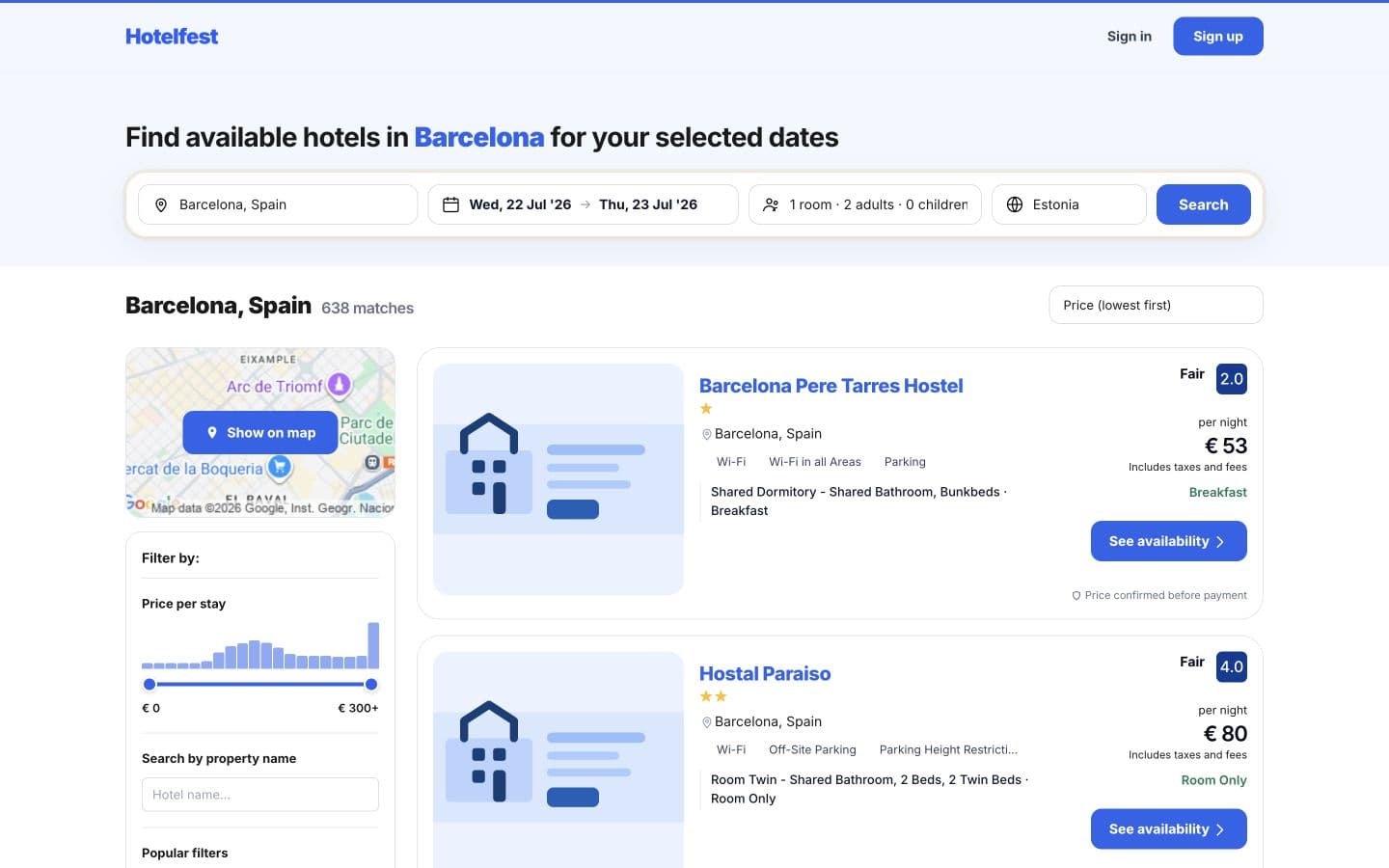 Результаты поиска Hotelfest с фильтром цены и сортировкой