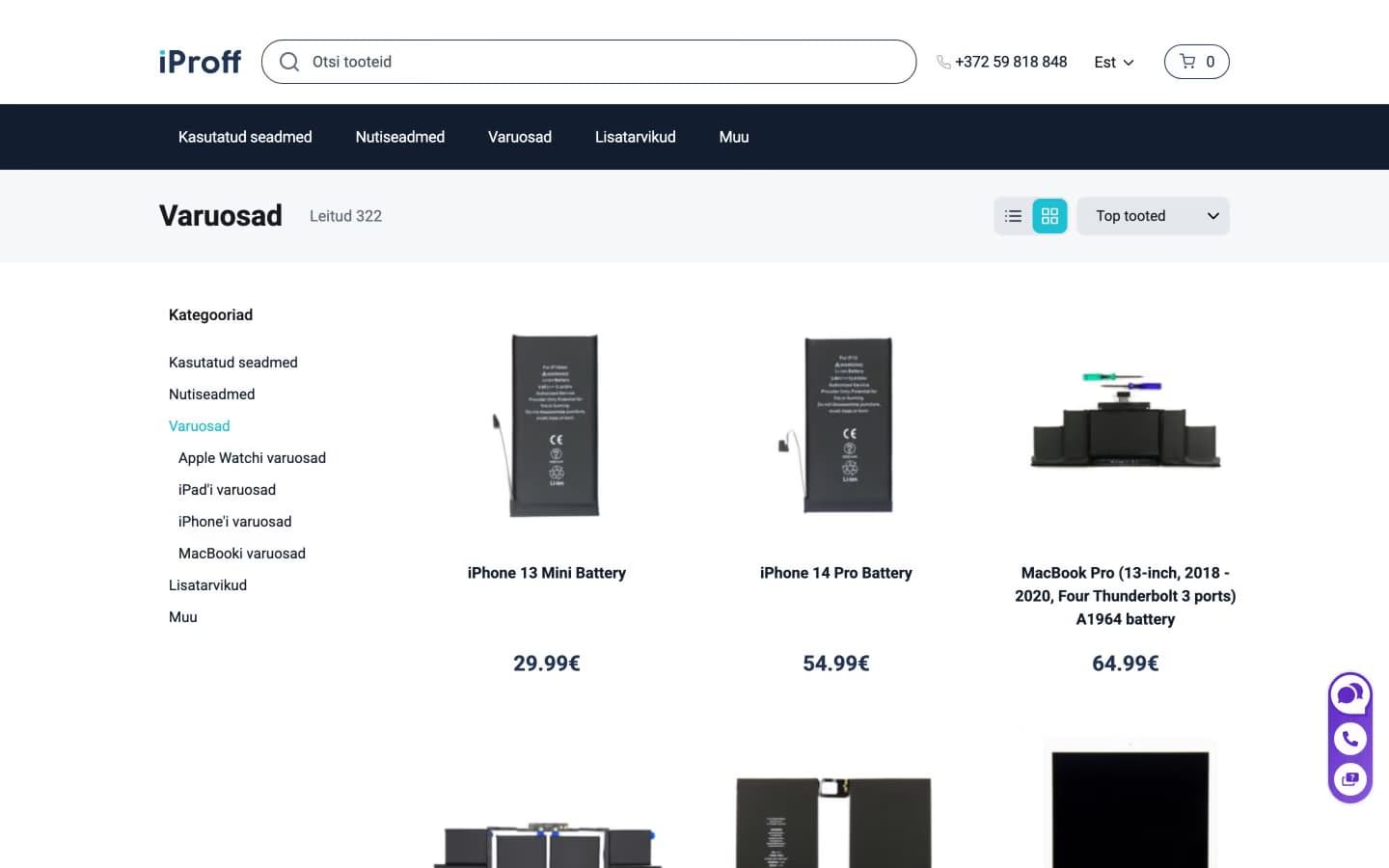 iProff Shopi varuosade kataloog kategooriate, filtrite ja järjestamisega