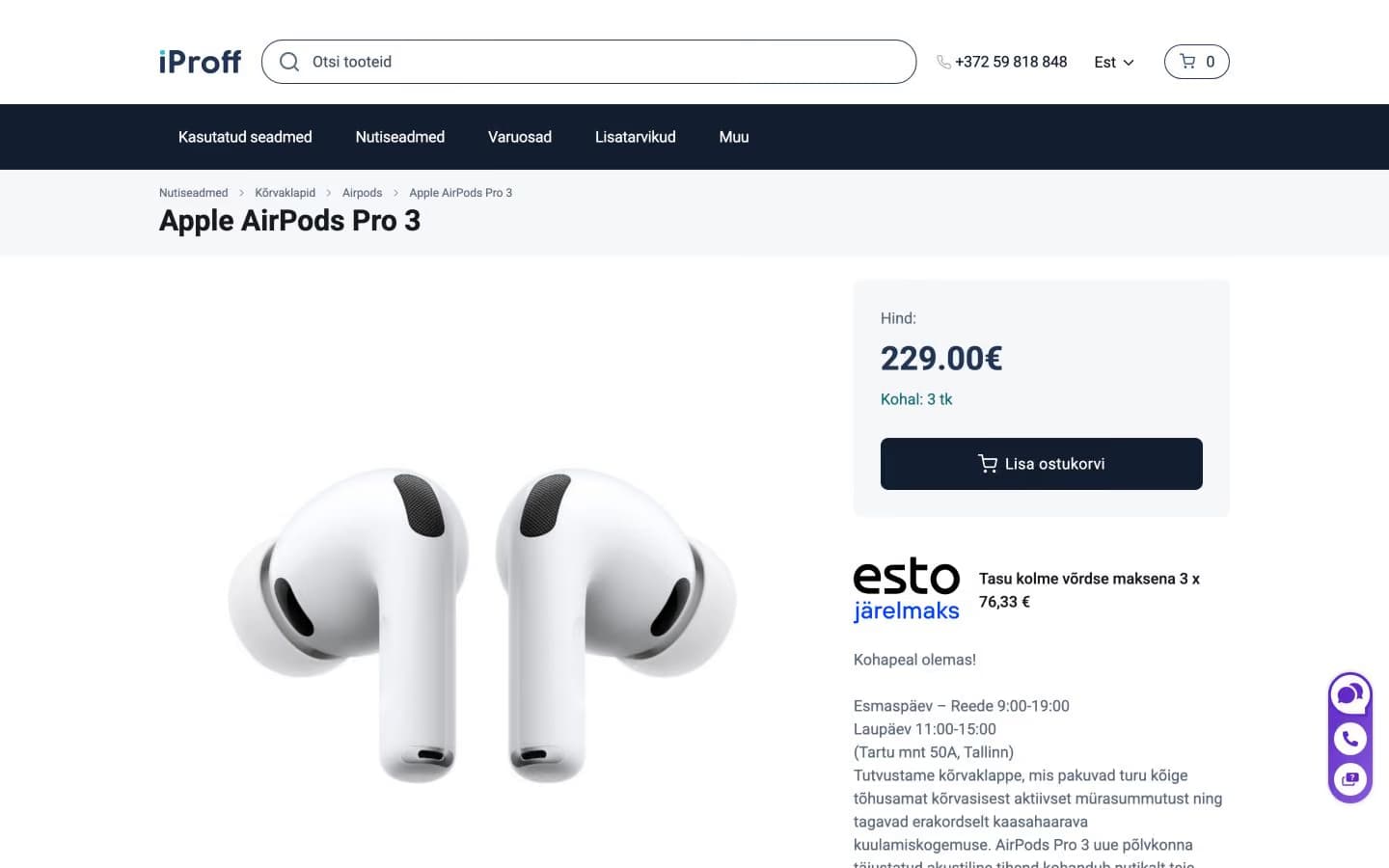 iProff Shopi tooteleht hinna, laoseisu ja ESTO järelmaksuinfoga