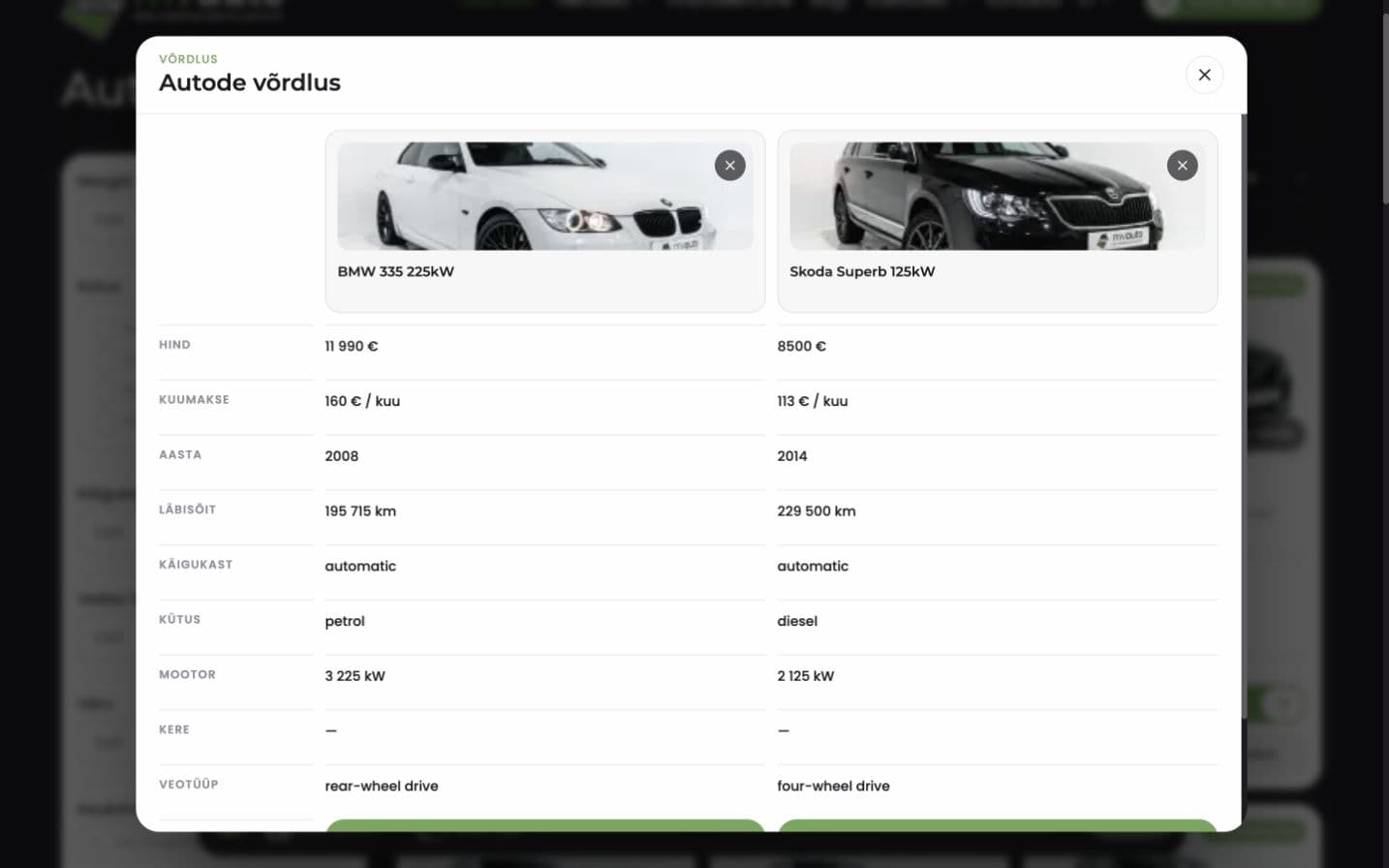 Таблица сравнения двух автомобилей MVAuto