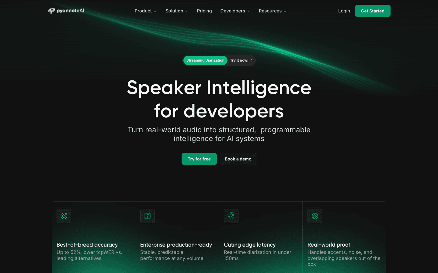 PyannoteAI avaleht kõnelejate intelligentsi sõnumiga